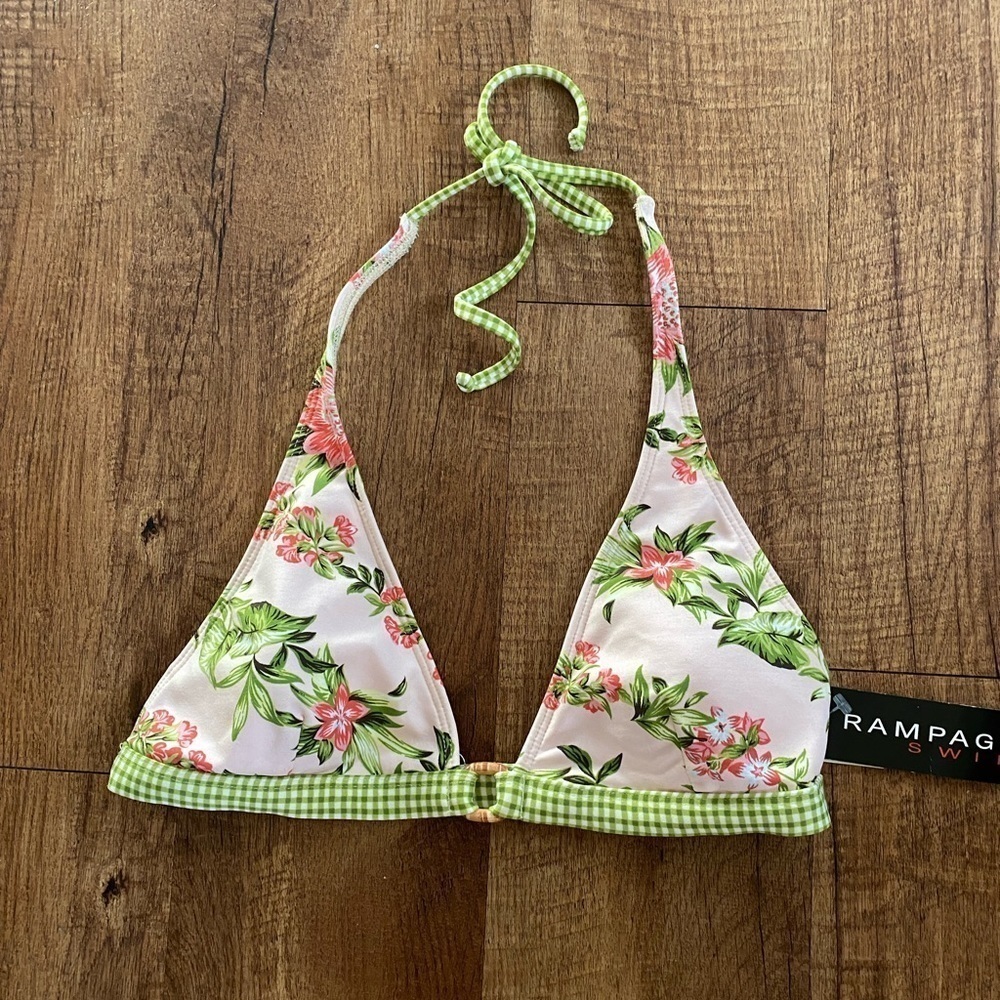 NWT Rampage pink & green, slightly padded floral bikini top w/ wooden detail. L